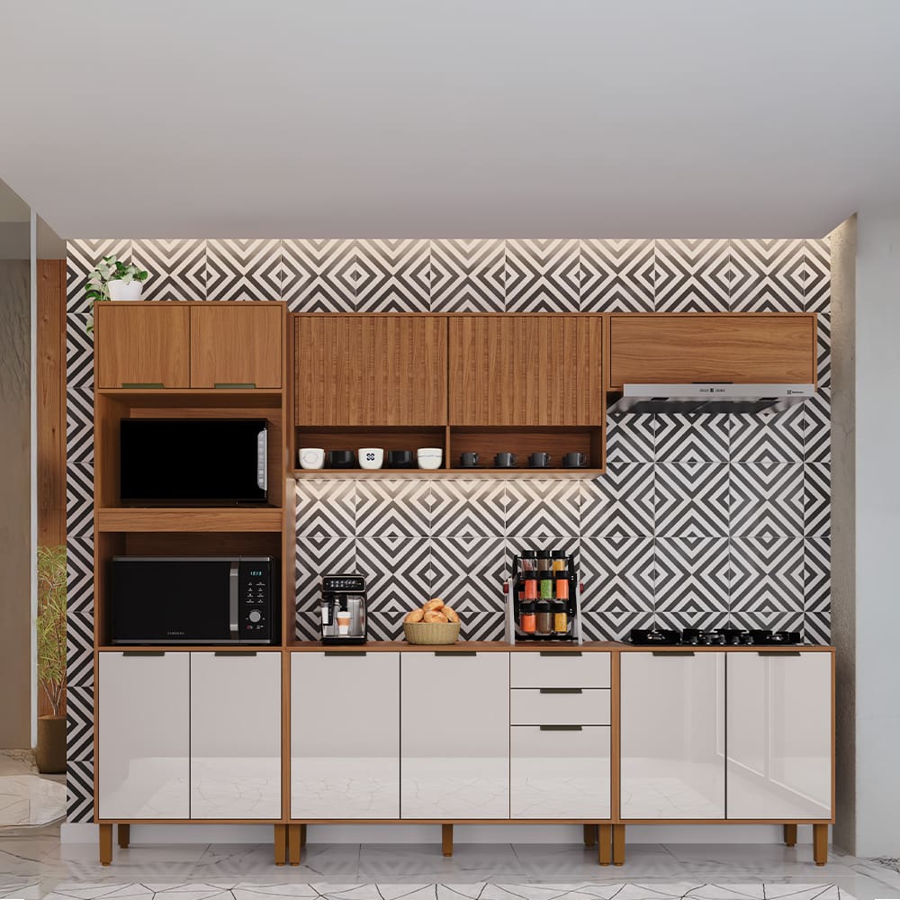 Cozinha Compacta Indekes Toronto com 12 Portas, 2 Gavetas e Nicho para Microondas - 270cm de largura