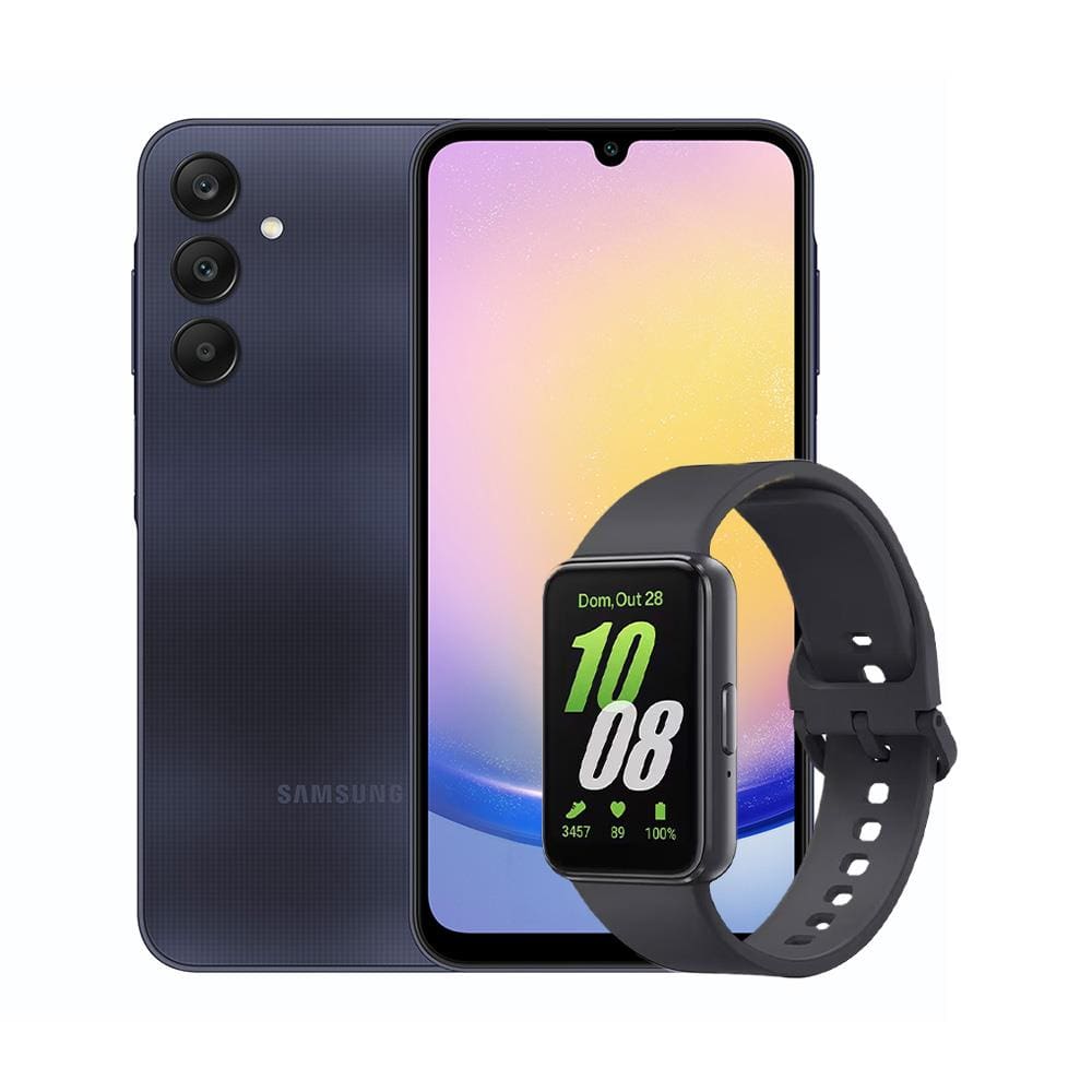 Smartphone Samsung Galaxy A25 5G 256GB Azul Escuro, 8GB, Tela Infinita de 6.5”, Octa-Core, Câmera Tripla Traseira + Galaxy Fit3 Grafite