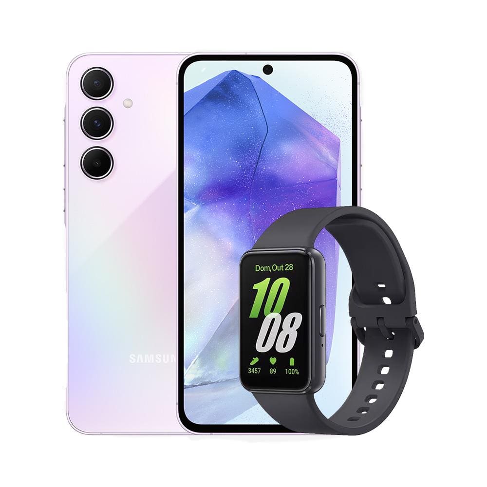Smartphone Samsung Galaxy A55 5G 128GB Rosa, 8GB RAM, Câmera Tripla Traseira de até 50MP e Tela Super AMOLED 6.6” + Galaxy Fit3 Grafite