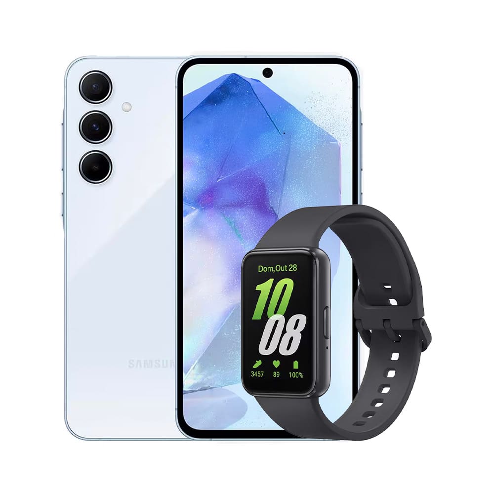 Smartphone Samsung Galaxy A55 5G 256GB Azul Claro, 8GB RAM, Câmera Tripla Traseira de até 50MP e Tela Super AMOLED 6.6” + Galaxy Fit3 Grafite