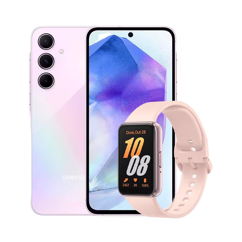 Smartphone Samsung Galaxy A55 5G Rosa 128GB, 8GB RAM, Câmera Tripla de até 50MP, Selfie de 32MP, Tela Super AMOLED 6.6” + Galaxy Fit3 Rose
