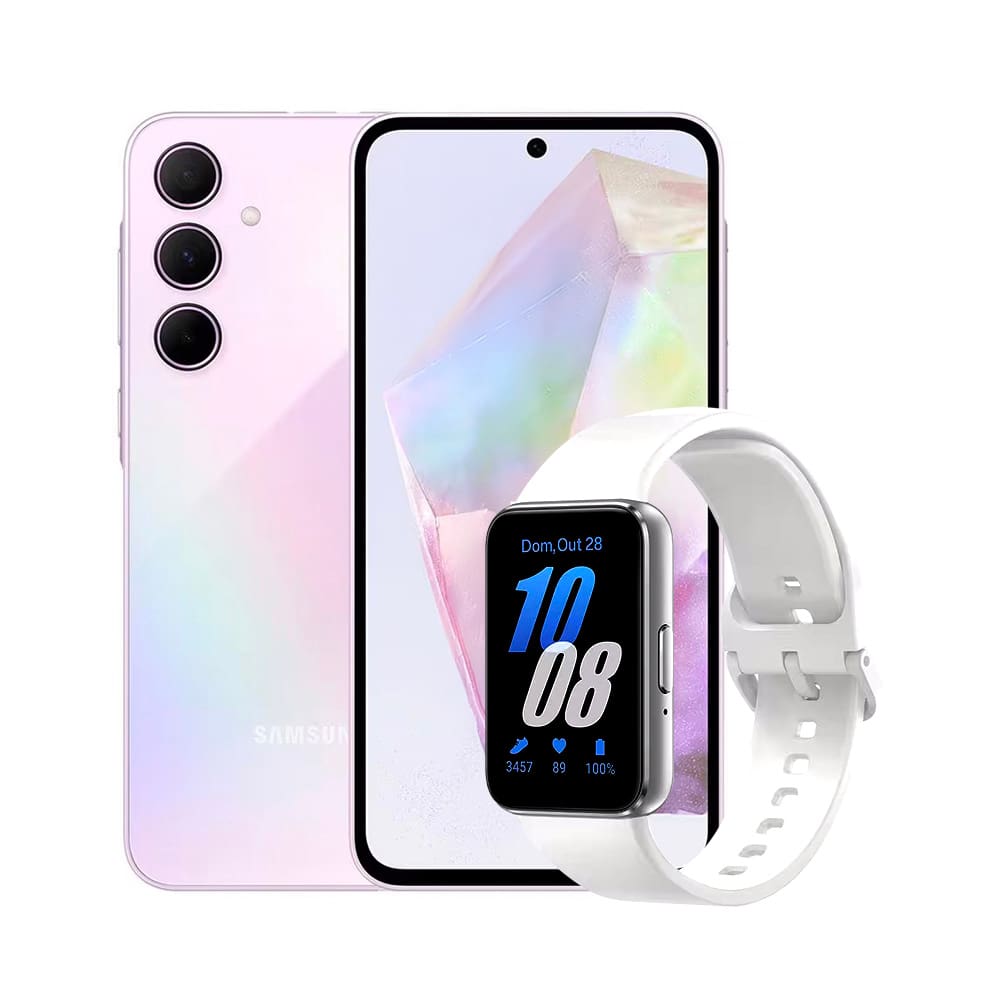 Smartphone Samsung Galaxy A35 5G 128GB Rosa, 6GB RAM Câmera Tripla Traseira de até 50MP, Tela super AMOLED 6,6” + Galaxy Fit3 Prata Display de 1.6”