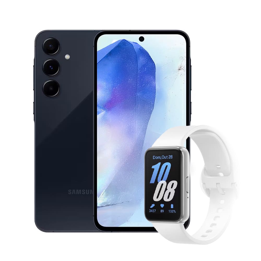 Smartphone Samsung Galaxy A55 5G Azul Escuro 256GB, 8GB RAM, Câmera Tripla de até 50MP, Selfie de 32MP e Tela Super AMOLED 6.6” + Galaxy Fit3 Prata