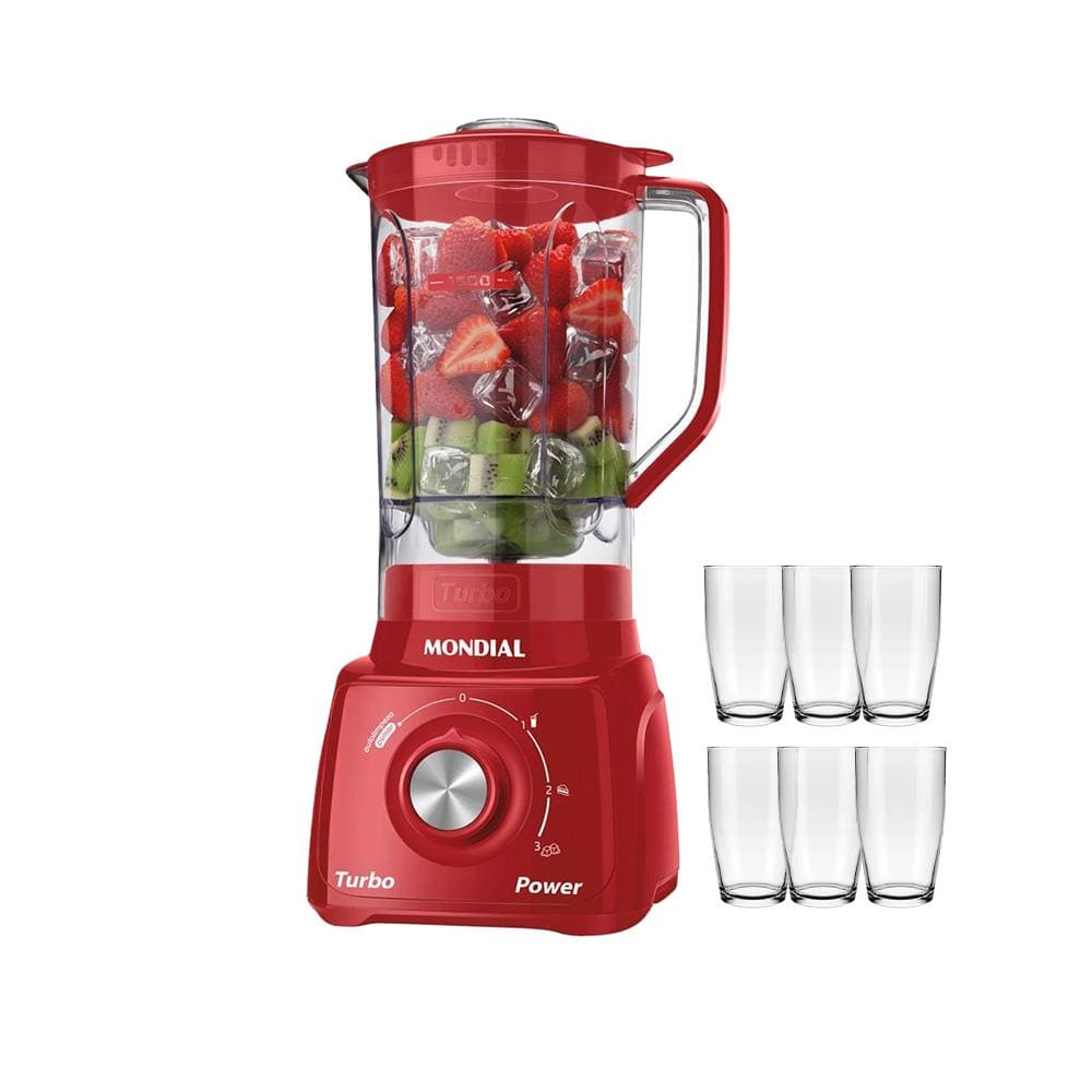Liquidificador Mondial L99-FR Turbo Power Vermelho com 3 Velocidades - 500W + 6 Copos Nadir - 220V