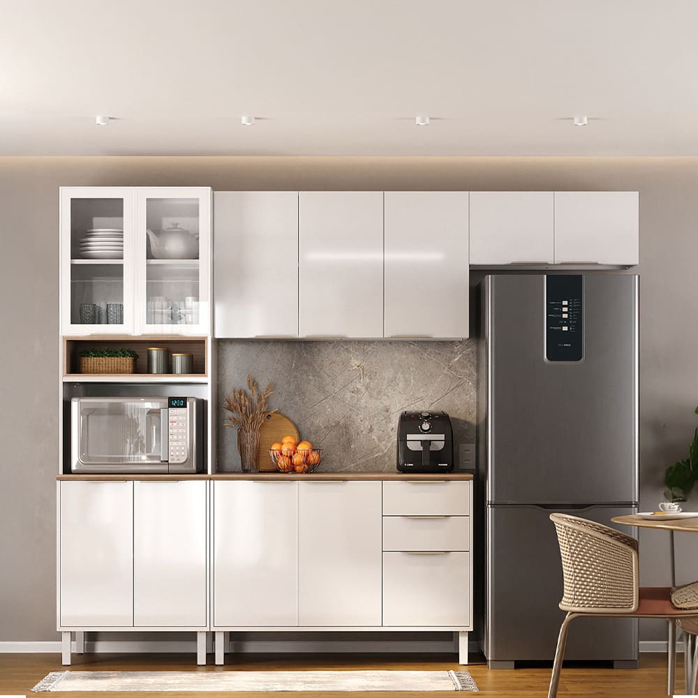 Cozinha Completa Itatiaia Renova com 12 Portas, 2 Gavetas, 5 Prateleiras, Nicho para Micro-ondas e 270cm de largura - Branco Neve