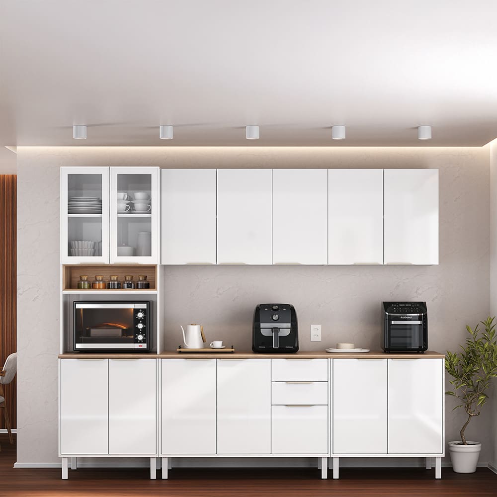 Cozinha Completa Itatiaia Renova com 14 Portas, 2 Gavetas, 7 Prateleiras, Nicho para Micro-ondas e 270cm de largura - Branco Neve