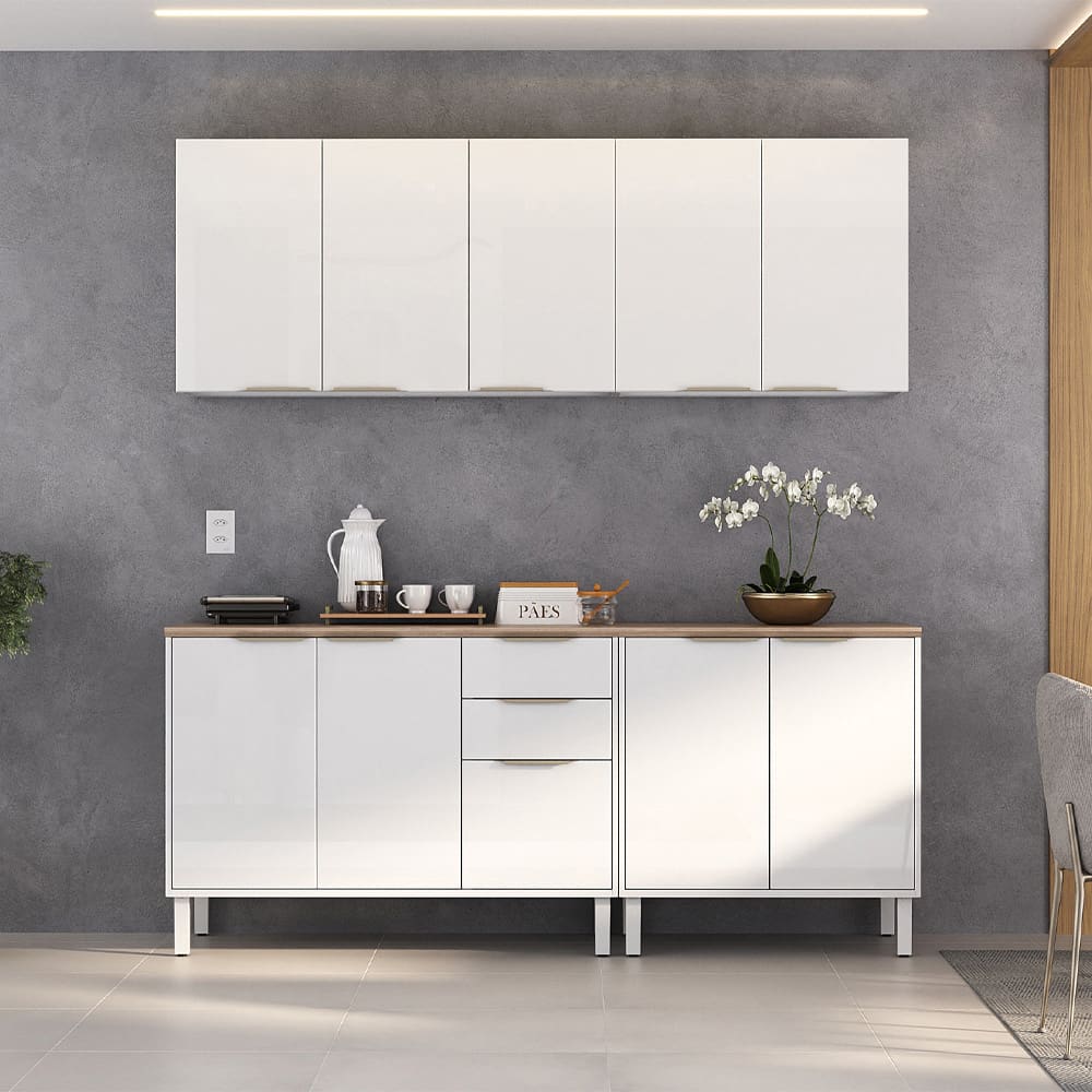 Cozinha Compacta Itatiaia Renova com 10 Portas, 2 Gavetas, 5 Prateleiras e 200cm de largura - Branco Neve