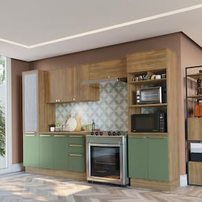 Cozinha Completa Kappesberg Botanic Flora com 11 Portas, 3 Gavetas, 11 Prateleiras, Nicho e 330cm de largura - Nogueira/Verde Oliva