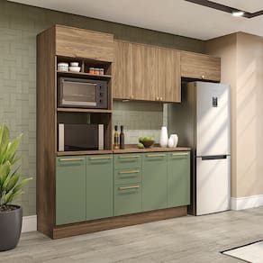 Cozinha Completa Kappesberg Botanic Flora com 9 Portas, 3 Gavetas, 6 Prateleiras, Nicho e 270cm de largura - Nogueira/Verde Oliva