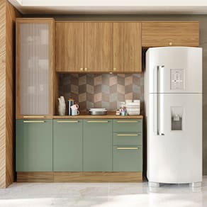 Cozinha Completa Kappesberg Botanic Flora com 8 Portas, 3 Gavetas, 8 Prateleiras e 250cm de largura - Nogueira/Verde Oliva
