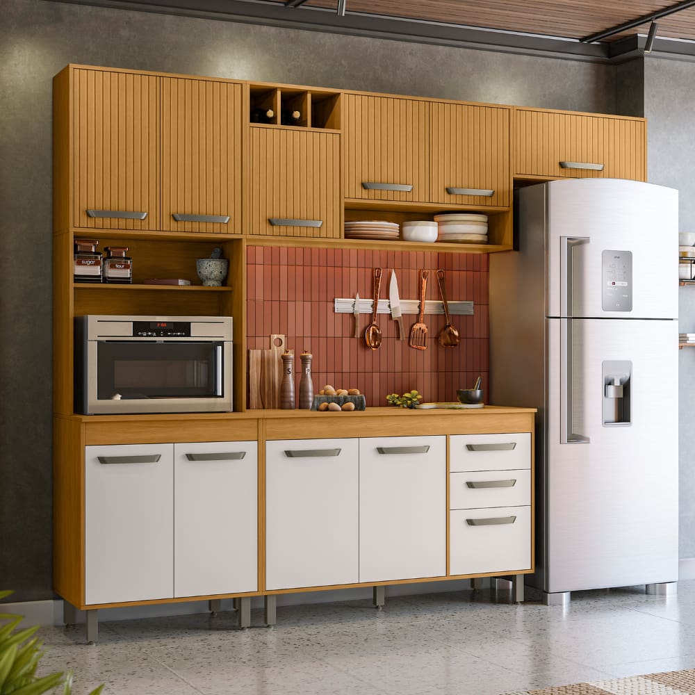 Cozinha com Balcão Poliman 11 Portas Acetinado Freijó/Off WhiteMalta