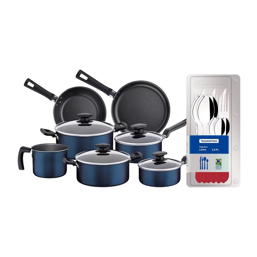 Conjunto de Panelas 7 Peças Tramontina Bergamo Antiaderente e Tampas de Vidro - Azul + Faqueiro 12 Peças Leme com Lâminas em Aço Inox - Vermelho