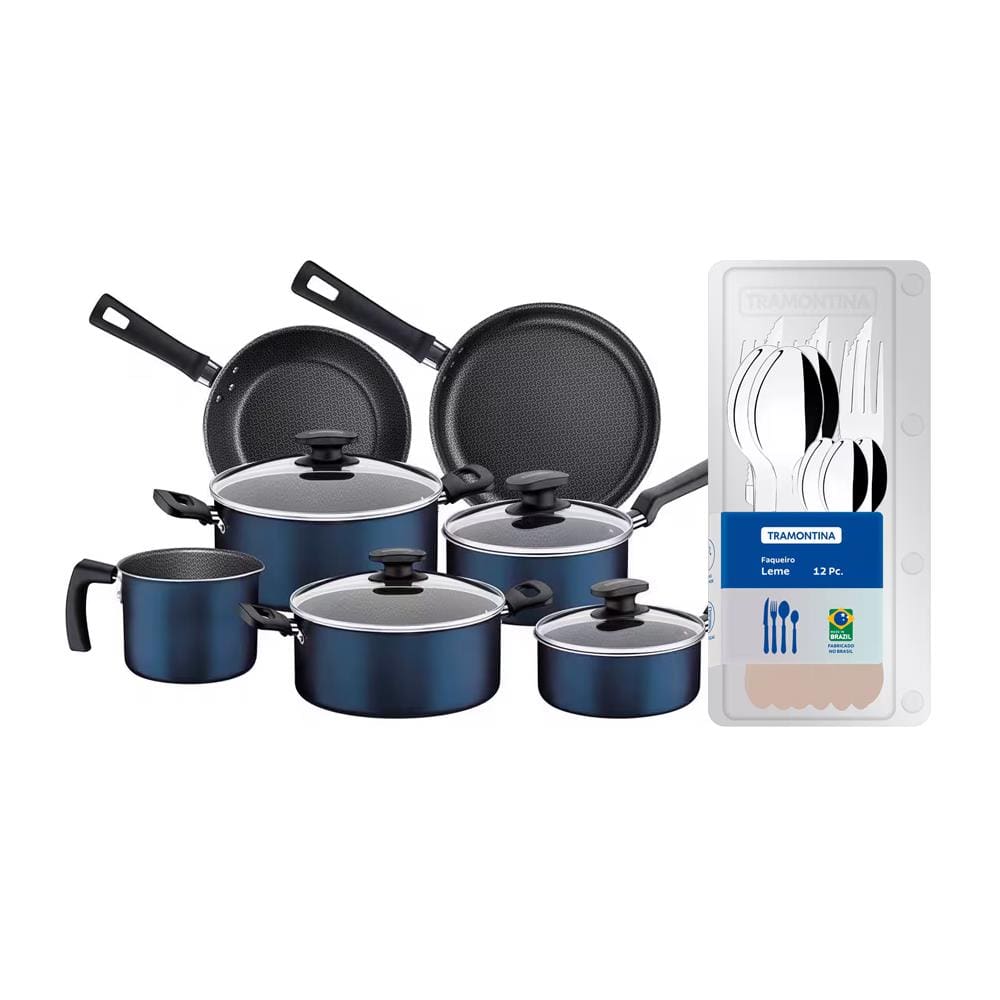 Conjunto de Panelas 7 Peças Tramontina Bergamo Antiaderente e Tampas de Vidro - Azul + Faqueiro 12 Peças Leme com Lâminas em Aço Inox - Cinza