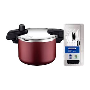 Panela de Pressão Tramontina Arizona em Alumínio, Revestimento Starflon Max 4,5L – Vermelha + Faqueiro 12 Peças Leme, Lâminas em Aço Inox – Preto
