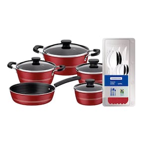 Conjunto de Panelas Tramontina Sicilia com Revestimento Starflon Excellent Vermelho – 5 Peças + Faqueiro 12 Peças Tramontina Leme - Vermelho