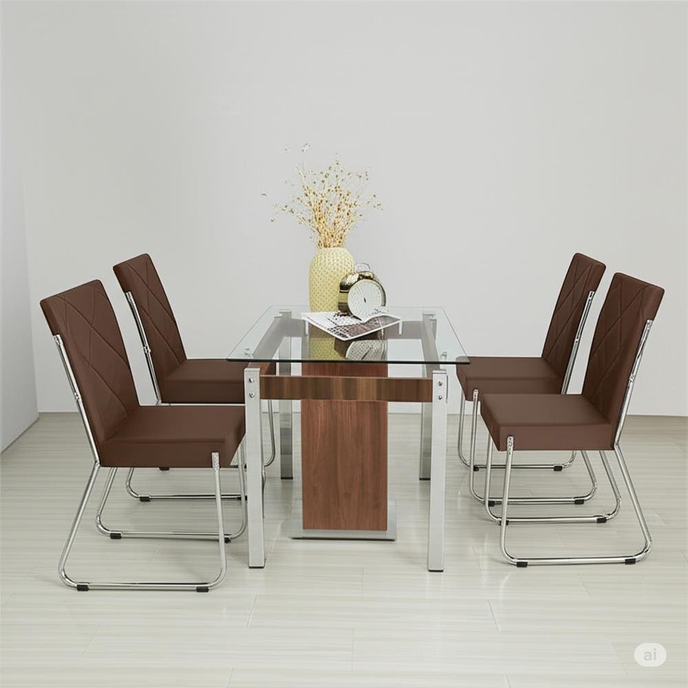 Conjunto Mesa de Jantar Aço Nobre Móveis Cláudia 4 Cadeiras Liz Aço Cromado Tampo de Vidro 125cm Chocolate