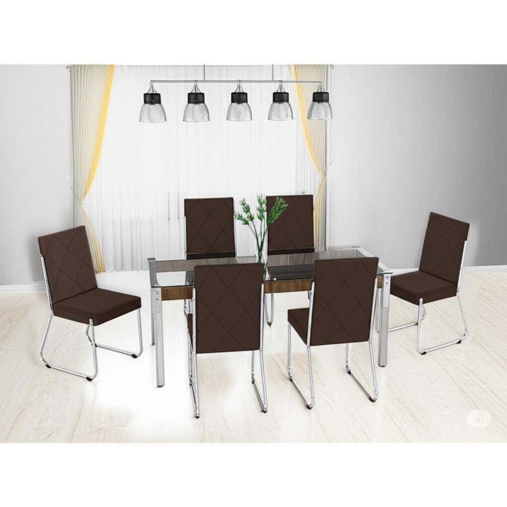 Conjunto Mesa de Jantar Aço Nobre Móveis Cláudia 6 Cadeiras Liz Aço Cromado Tampo de Vidro 157cm Chocolate