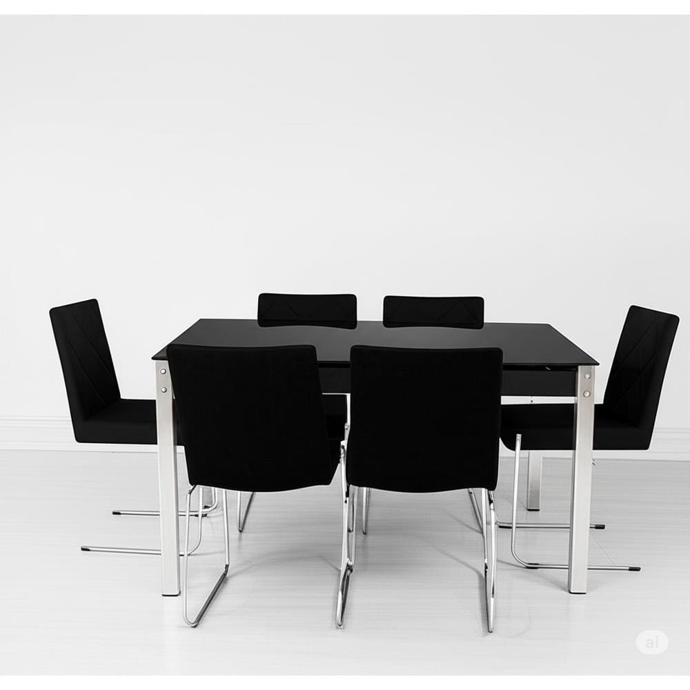 Conjunto Mesa de Jantar Aço Nobre Móveis Cláudia 6 Cadeiras Liz Aço Cromado Tampo de Vidro 157cm Preto