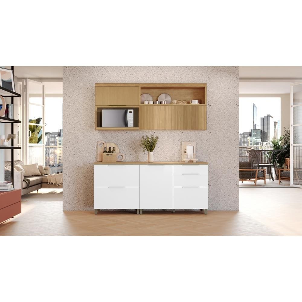 Cozinha Completa Nesher Marquesa MDF 15mm Pintura UV Armários e Balcões Nature/Branco