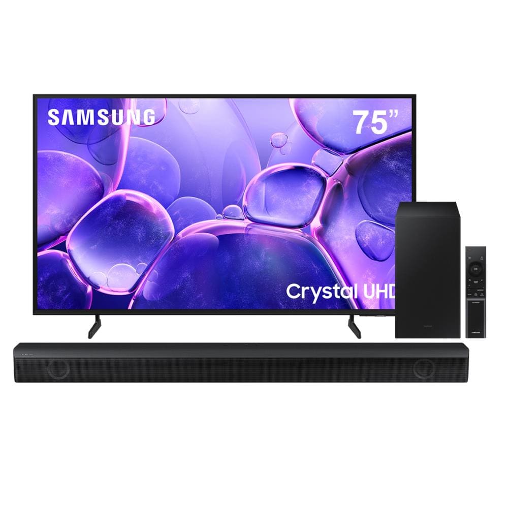 Conjunto Smart TV Samsung 75” 4K Crystal Tizen Hub Gaming + Soundbar Samsung HW-B550 410W Bluetooth 2.1 Dolby
