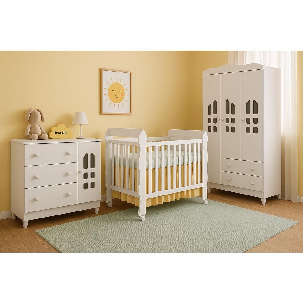 Quarto de Bebê Completo Carolina Baby com Berço Mini-Cama Mirelle Cômoda Eloá e Guarda-Roupa Eloá
