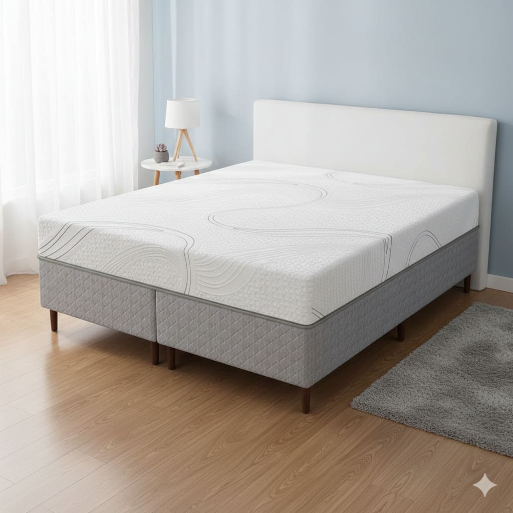 Cama Box Queen Umaflex Loreto Cinza + Colchão Queen Espuma Viscoelástico D40 + D33 Até 130Kg Bartira Viena