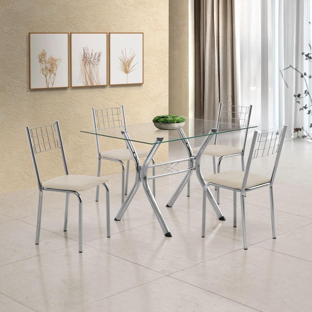 Conjunto Sala de Jantar Aço Nobre Mesa Montana Tampo de Vidro 120x80cm 4 Cadeiras Íris Aço Cromado - Incolor/Bege