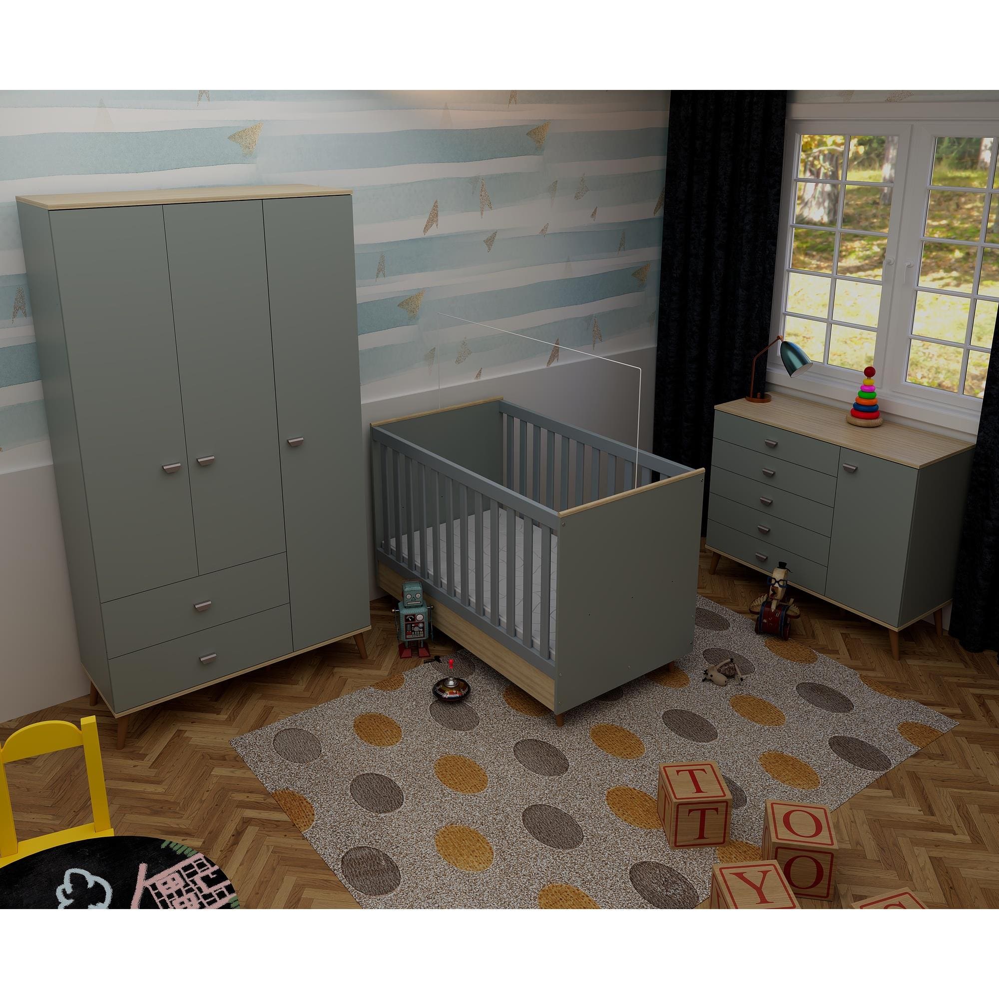 Quarto Infantil Completo Bartira Ternura Guarda-Roupa 3 Portas Cômoda 5 Gavetas Berço Conversível