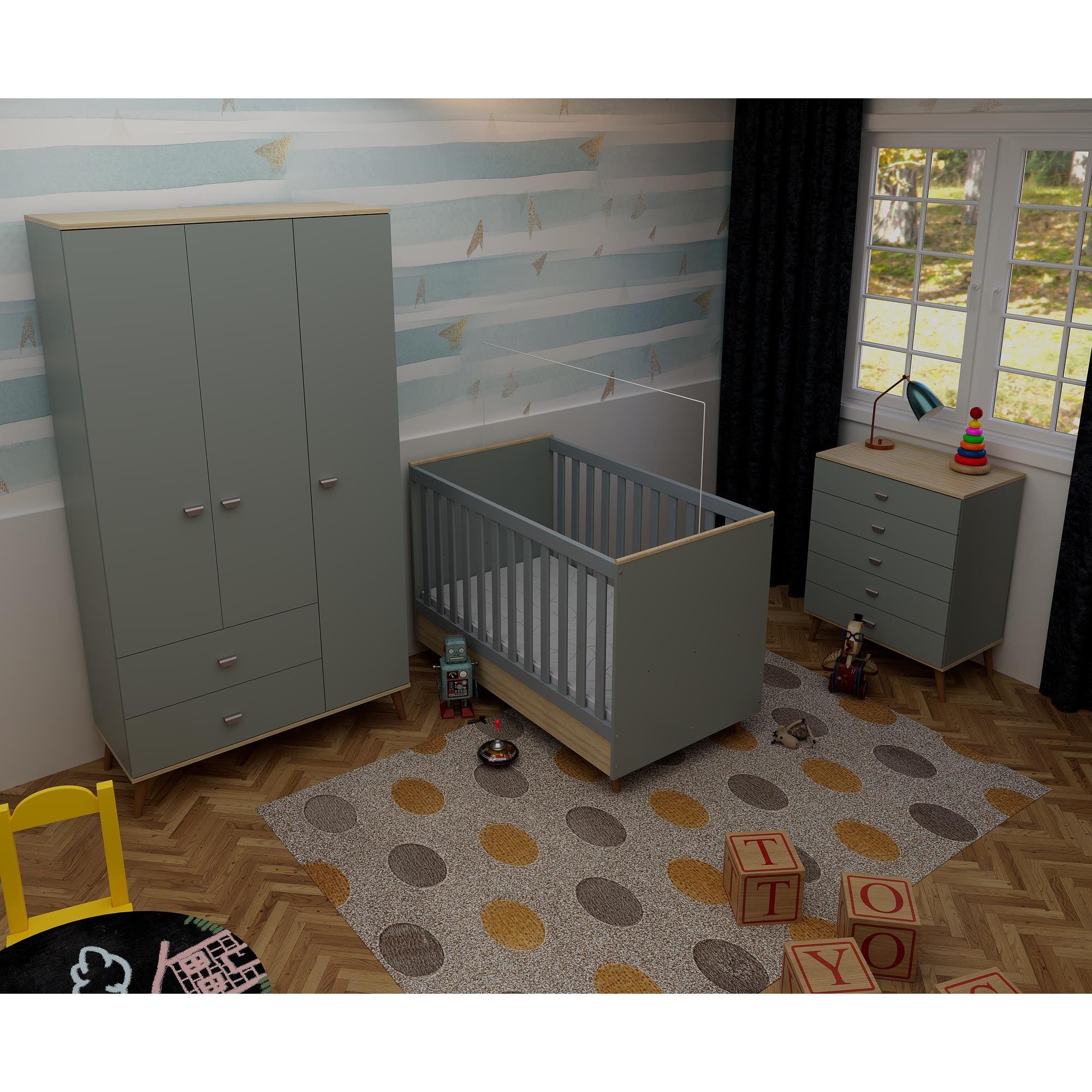 Quarto Infantil Completo Bartira Ternura Guarda-Roupa 3 Portas 2 Gavetas Cômoda 5 Gavetas Berço Conversível