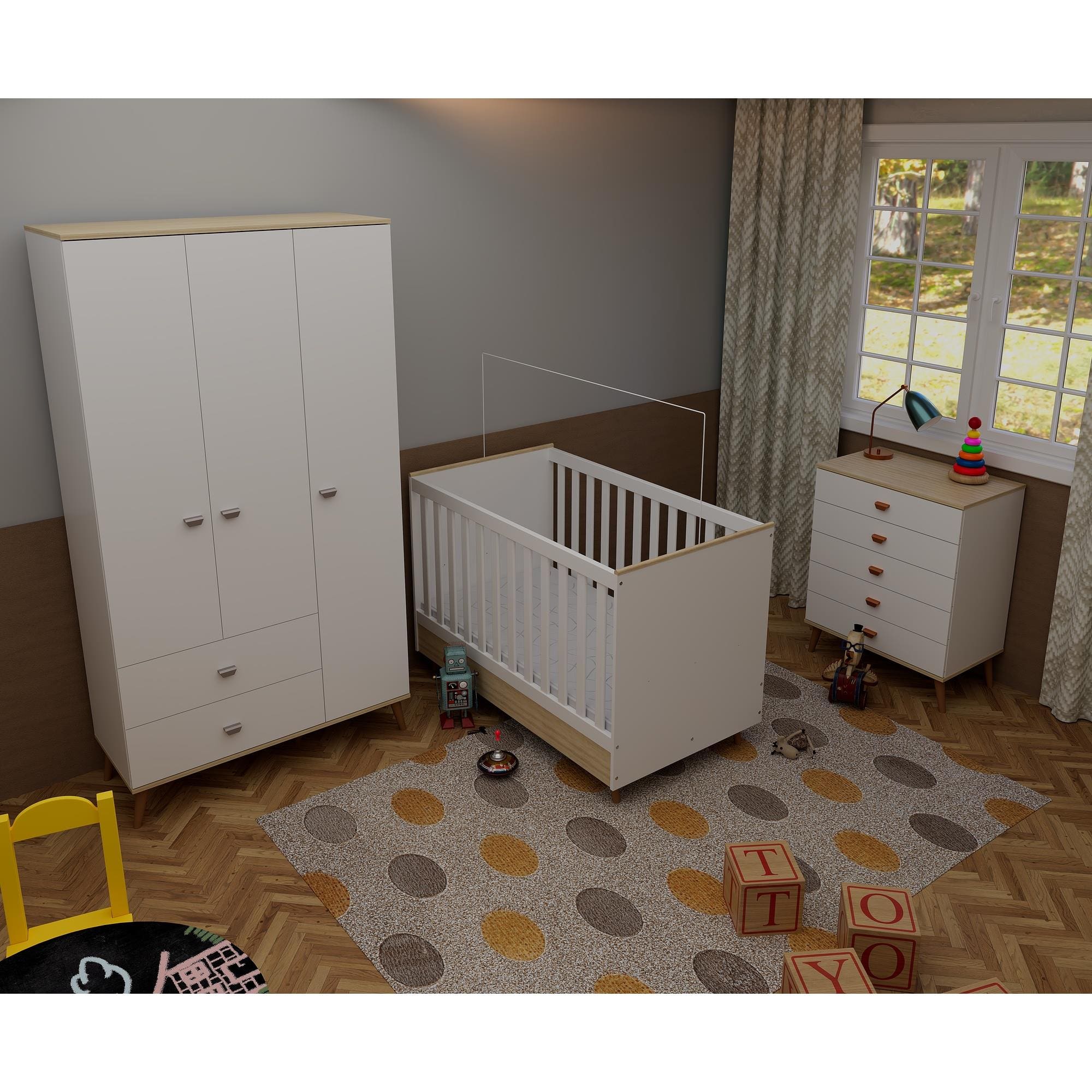 Quarto Infantil Completo Bartira Ternura Guarda-Roupa 3 Portas 2 Gavetas Cômoda 5 Gavetas Berço Conversível
