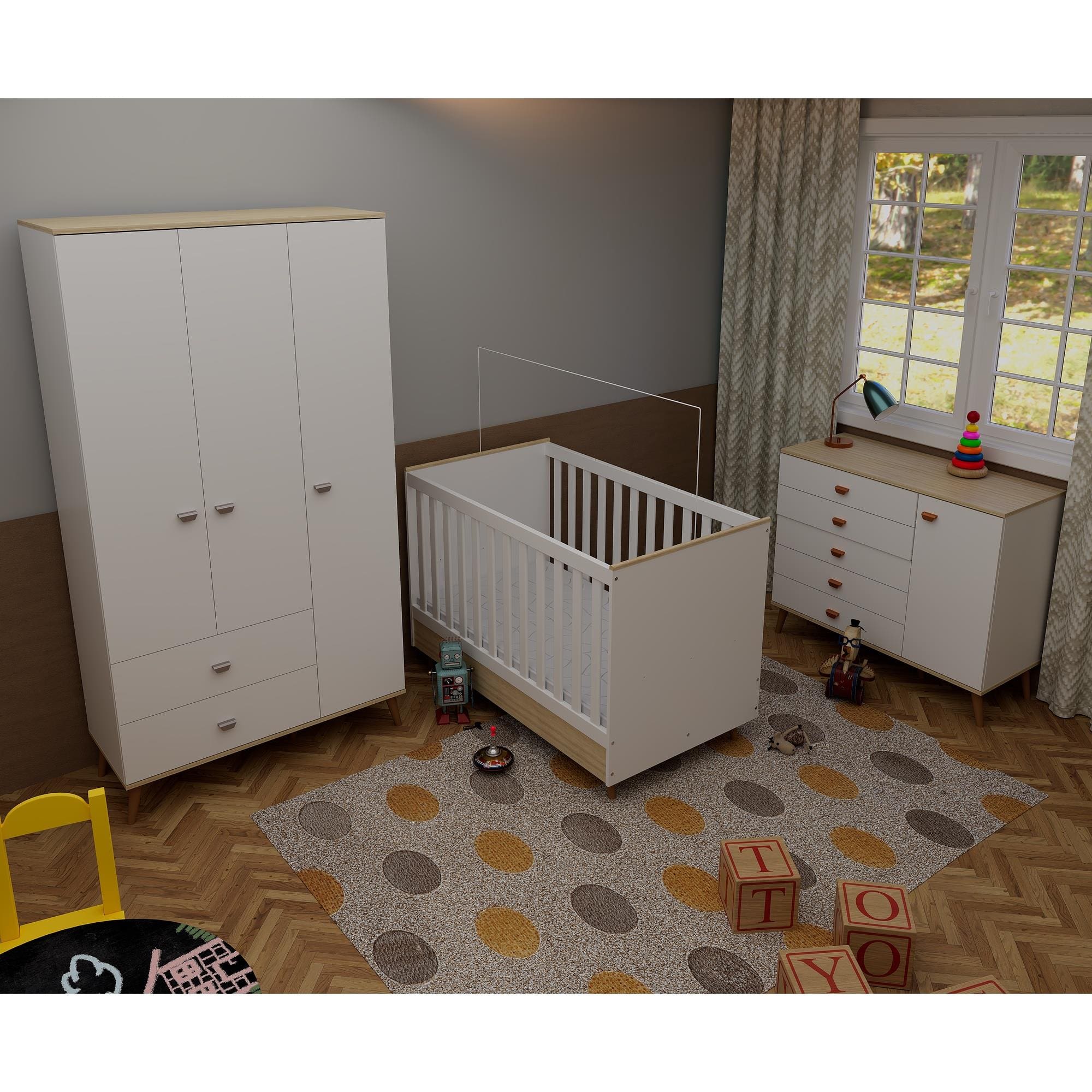 Quarto Infantil Completo Bartira Ternura Guarda-Roupa 3 Portas Cômoda 5 Gavetas Berço Conversível