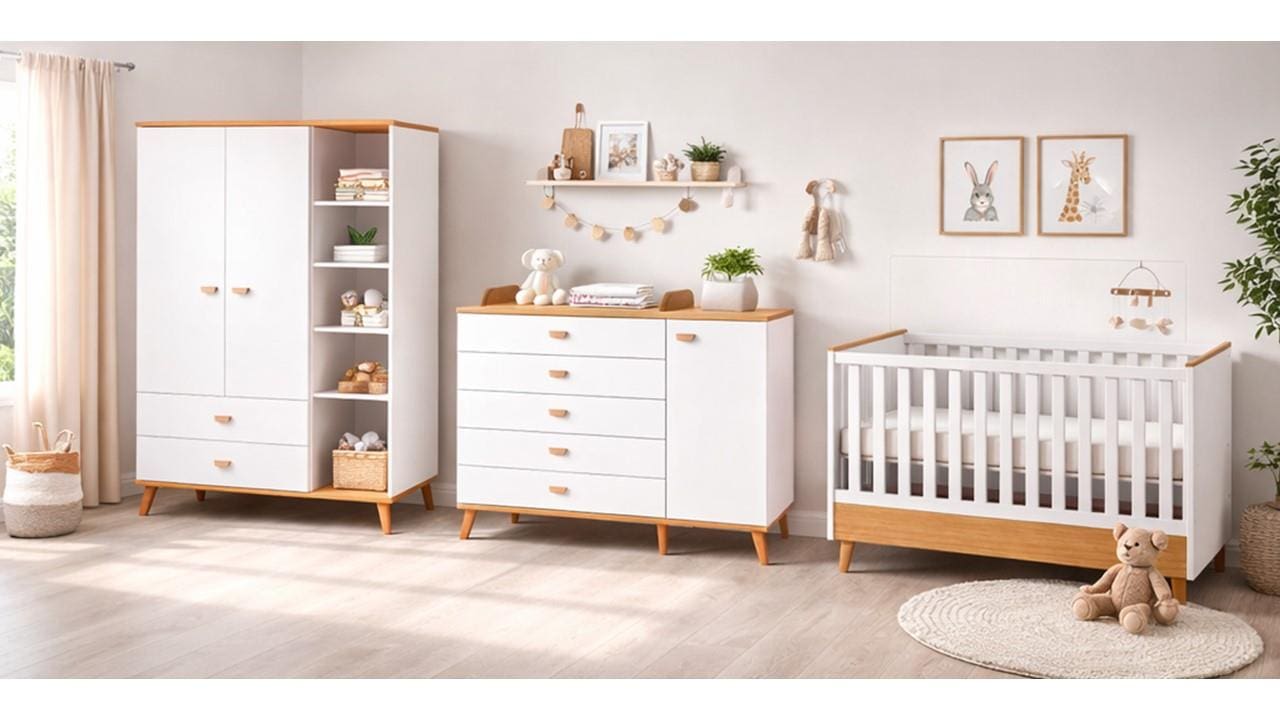 Conjunto Quarto Infantil Ternura Bartira Cômoda 5 Gavetas Berço 2 em 1 Guarda-Roupa 2 Portas Colchão Herval Espuma D18