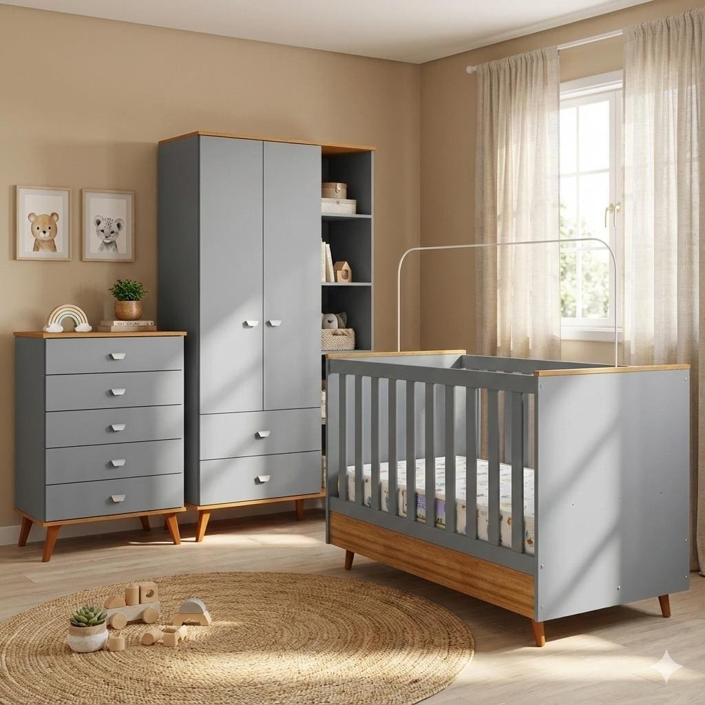 Conjunto Infantil Bartira Ternura: Guarda-Roupa, Cômoda, Berço 2 em 1 e Colchão Herval D18