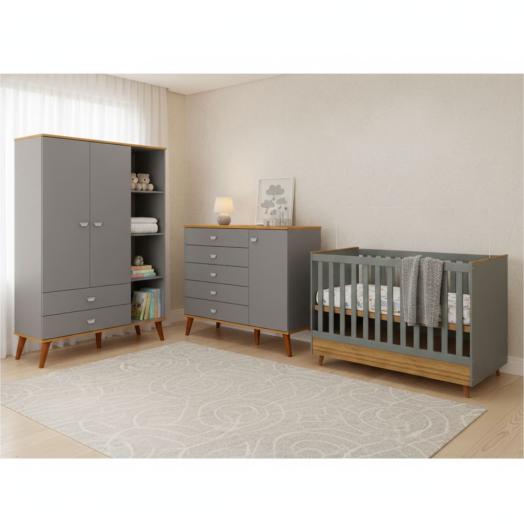 Conjunto Infantil Ternura Bartira com Berço 2 em 1, Guarda-Roupa, Cômoda e Colchão Herval