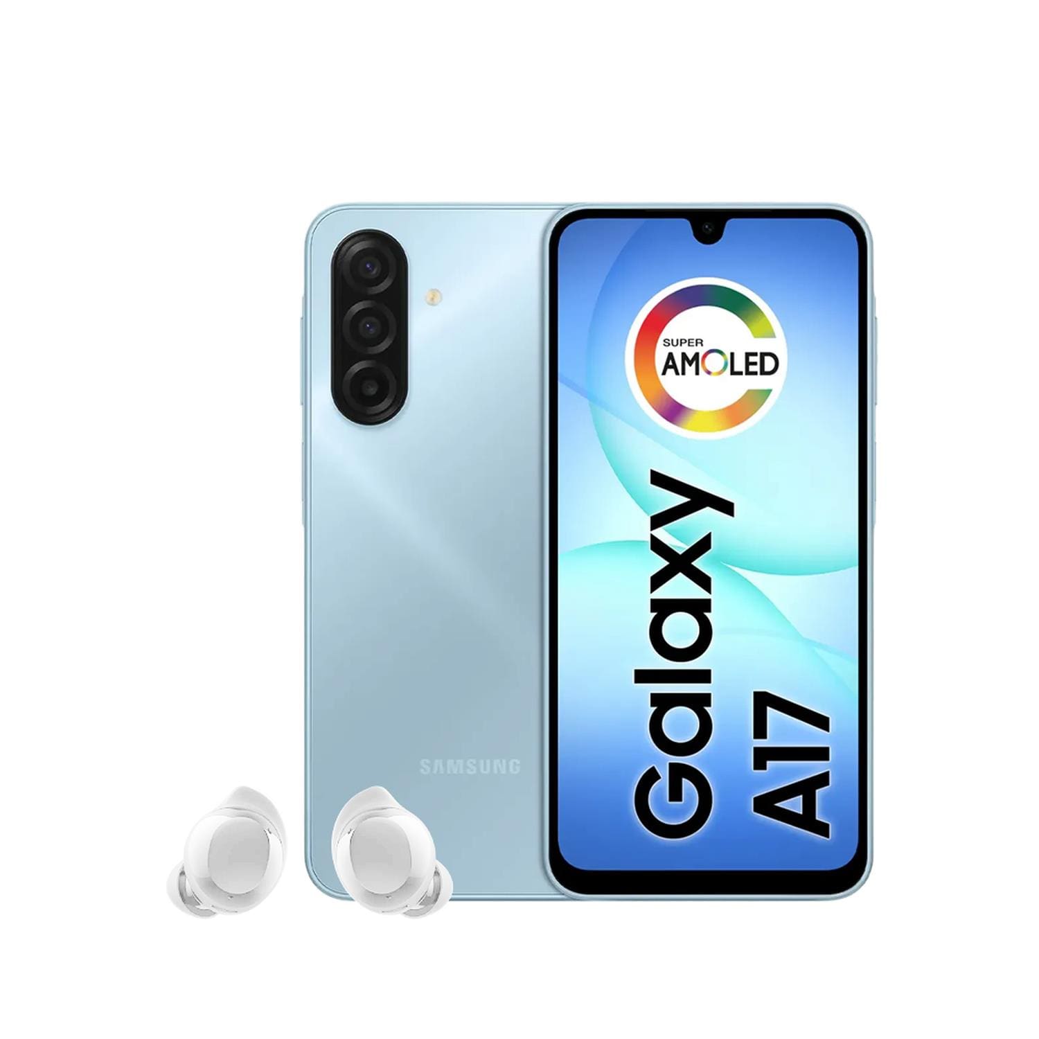 Smartphone Samsung Galaxy A17 4G Tela 6.7” 128GB Câmera Tripla 50MP Azul Claro + Galaxy Buds Core Bluetooth Branco