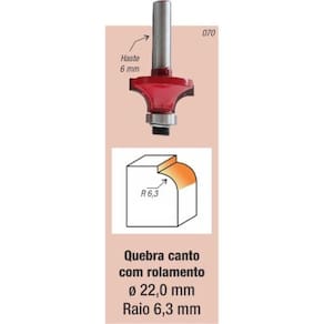 Fresa Tupia Canto Arredondado Rolamentada raio 6,3mm Haste 6mm