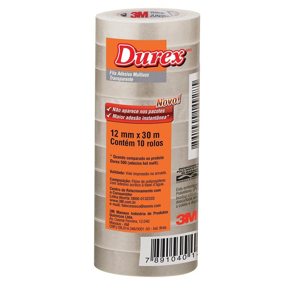 Fita Adesixa Durex Transparente 12 X 30 M | 10 Rolos - 3m