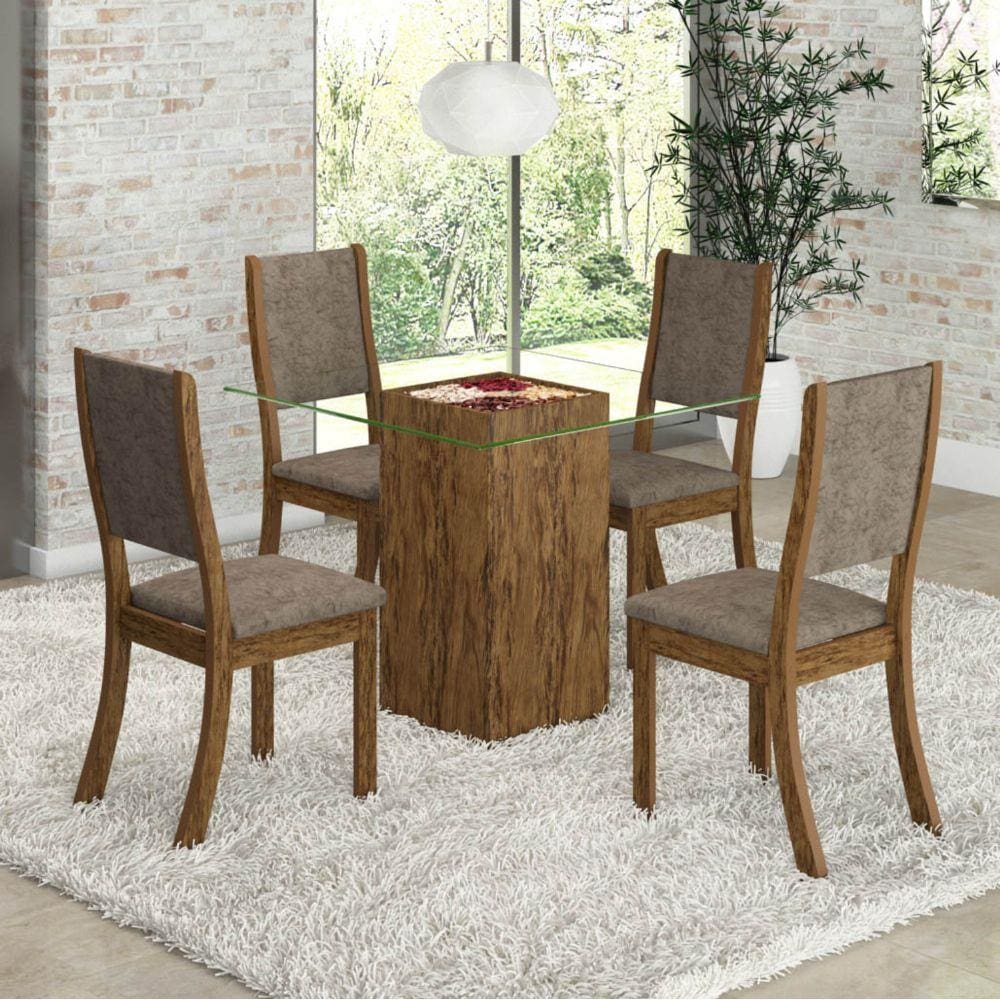 Conjunto Mesa de Jantar Retangular Marisa 135 cm com 4 Cadeiras Madeira  Maciça Tauari Viena - Branco/Amêndoa