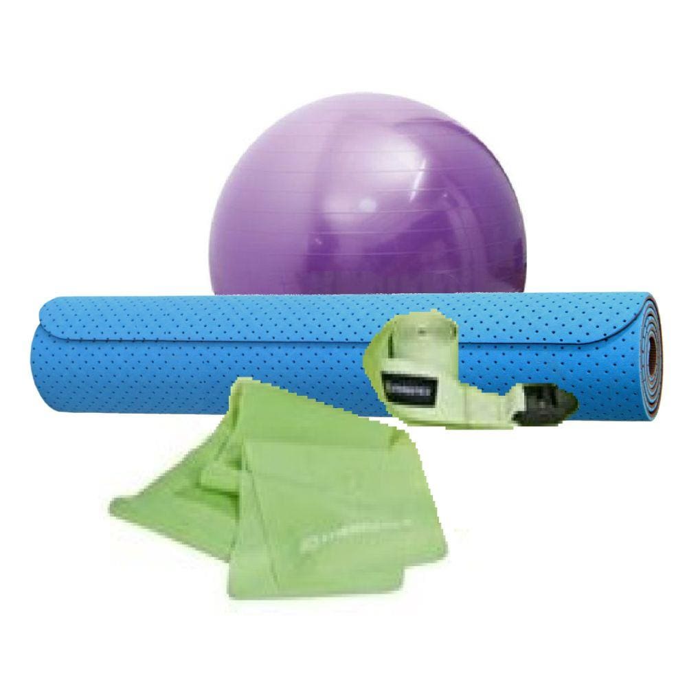 Kit treino yoga Com faixa elática tipo thera band, tapete 173cm x 61cm, bola suiça 40cm, corda de apoio para exercicios