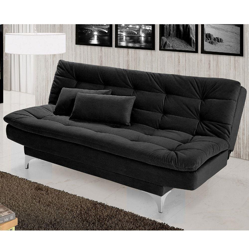 Sofa cama 3 lugares facility reclinavel veludo liso preto imperio estofados Casas Bahia