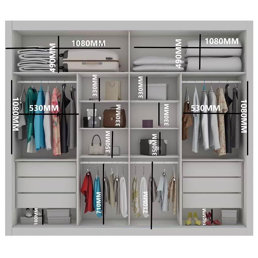 Guarda-Roupa Casal Europa Triunfo Flex 2 Portas de Correr com Espelho 6 Gavetas Internas MDP e MDF - 226cm de Largura