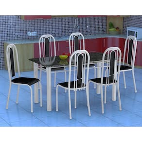 Conjunto de Mesa Granada com 6 Cadeiras Branco e Preto Liso VD