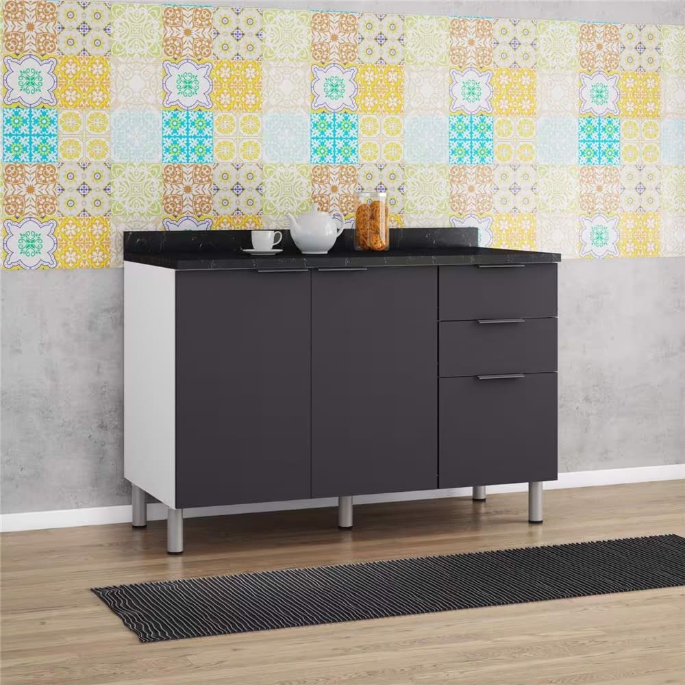 Balcão Triplo Bartira Rubi com 2 Portas, 3 Gavetas e 1 Prateleira - 120,1cm de largura - Branco / Grafite