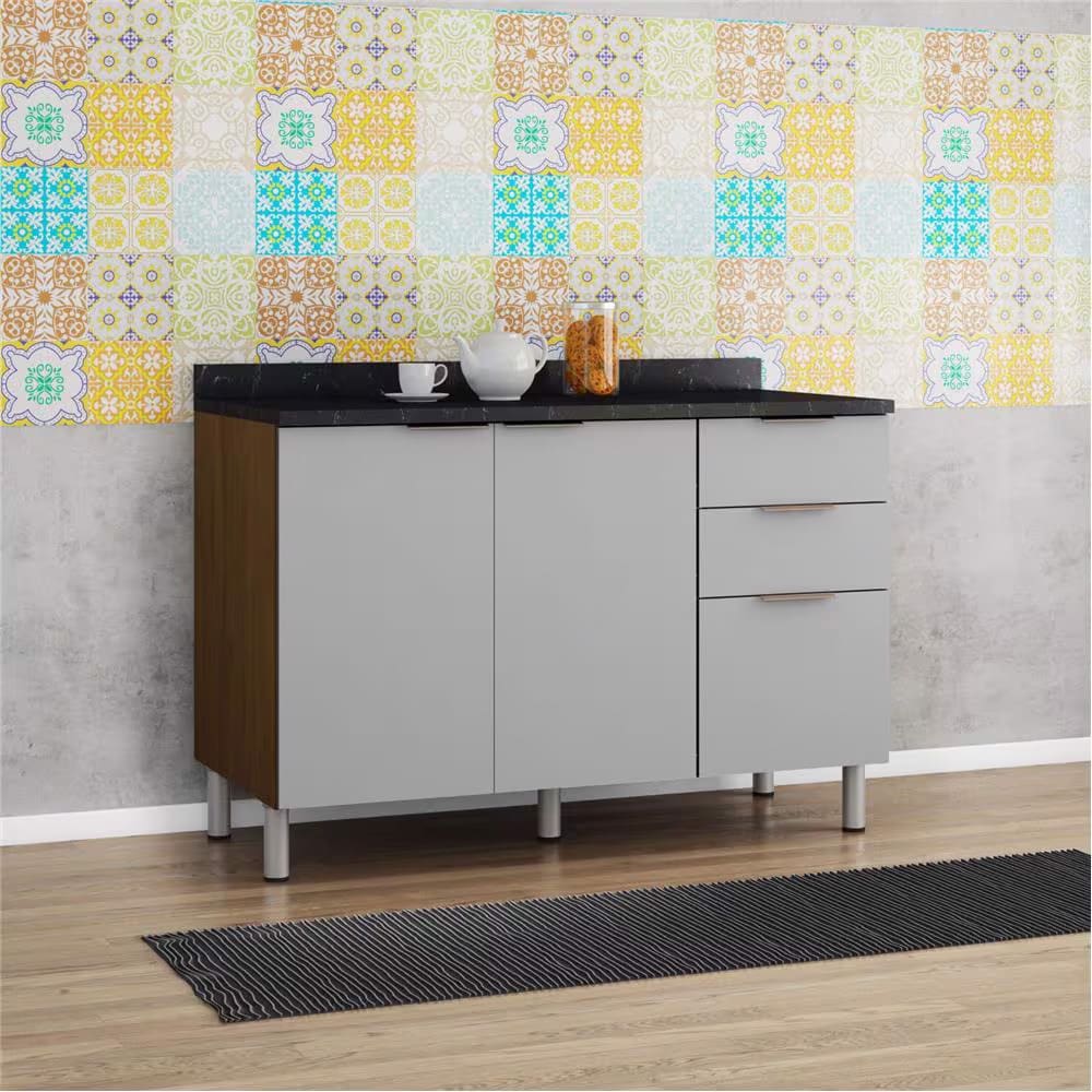 Balcão Triplo Bartira Rubi com 2 Portas, 3 Gavetas e 1 Prateleira - 120,1cm de largura - Grapia Platinum