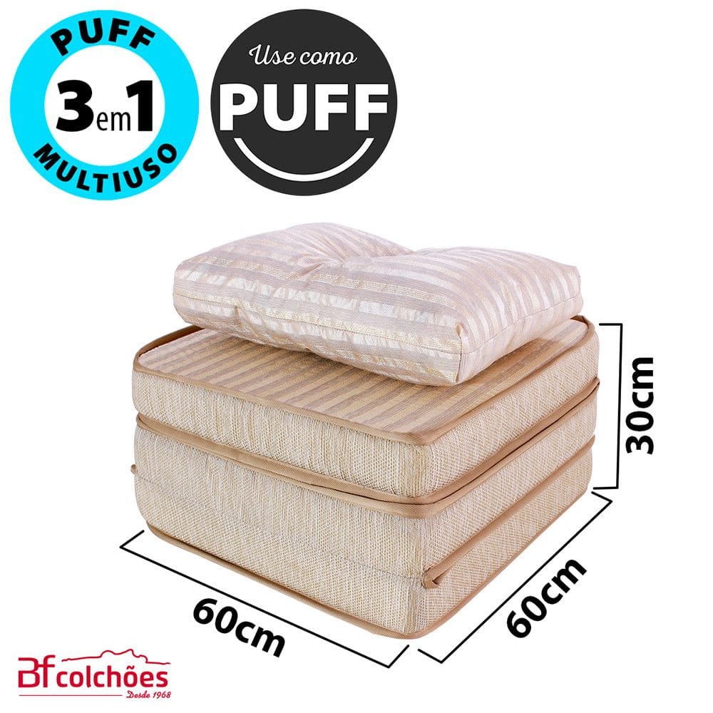 Puff Multiuso 3 Em 1 + Travesseiro Jacquard Bege Solteiro Bf Colchões