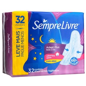 Absorvente Externo Sempre Livre Adapt Plus Noite e Dia Cobertura Suave com Abas 32 Unidades