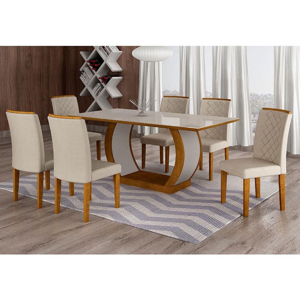 Conjunto de Mesa de Jantar com 6 Cadeiras Estofadas Maia I Veludo Off White  e Creme