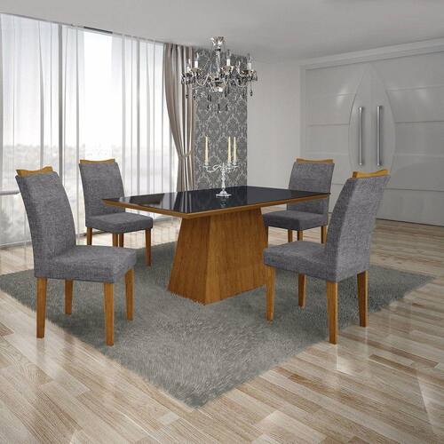 Conjunto Sala de Jantar Mesa Tampo MDF/Vidro Preto 4 Cadeiras Pampulha Leifer Menor preço em Conjunto Sala de Jantar Mesa Tampo MDF/Vidro Preto 4 Cadeiras Pampulha Leifer