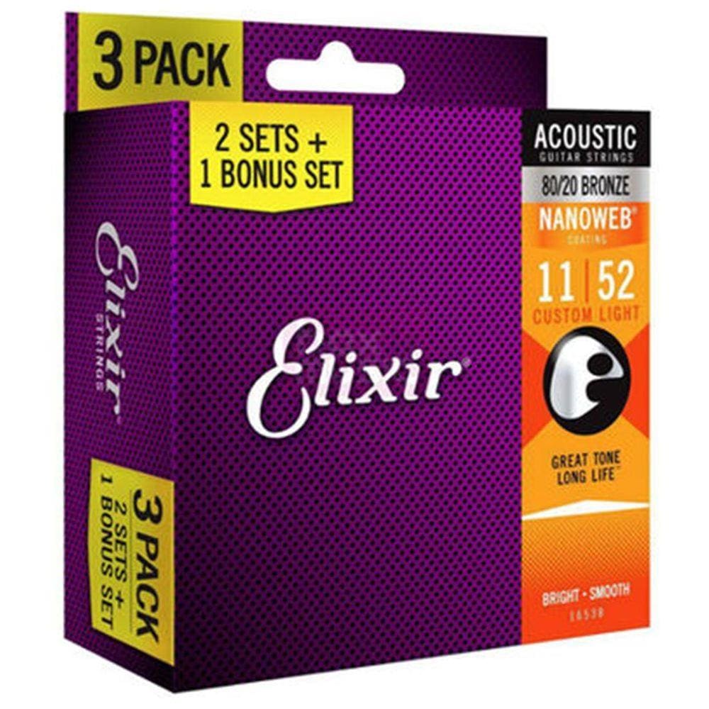 Encordoamento Elixir 011 Custom Light 80/20 Bronze Para Violao Aco Bonus Pack Leve 3 Pague 2