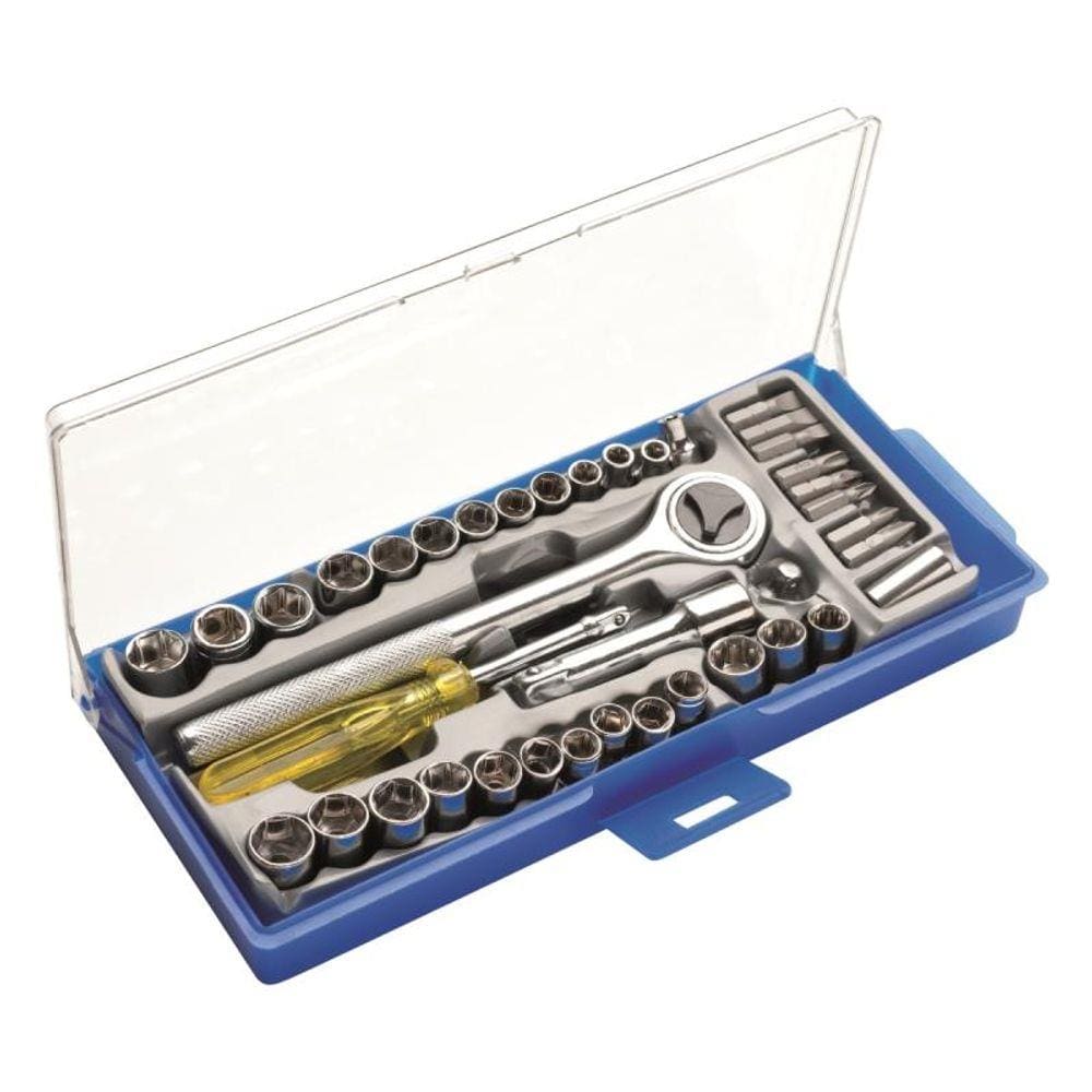 Jogo De Soquetes E Bits C/ Chave Catraca 1/4 E 3/8 Pol Com 40 Peças 8Zi Eda